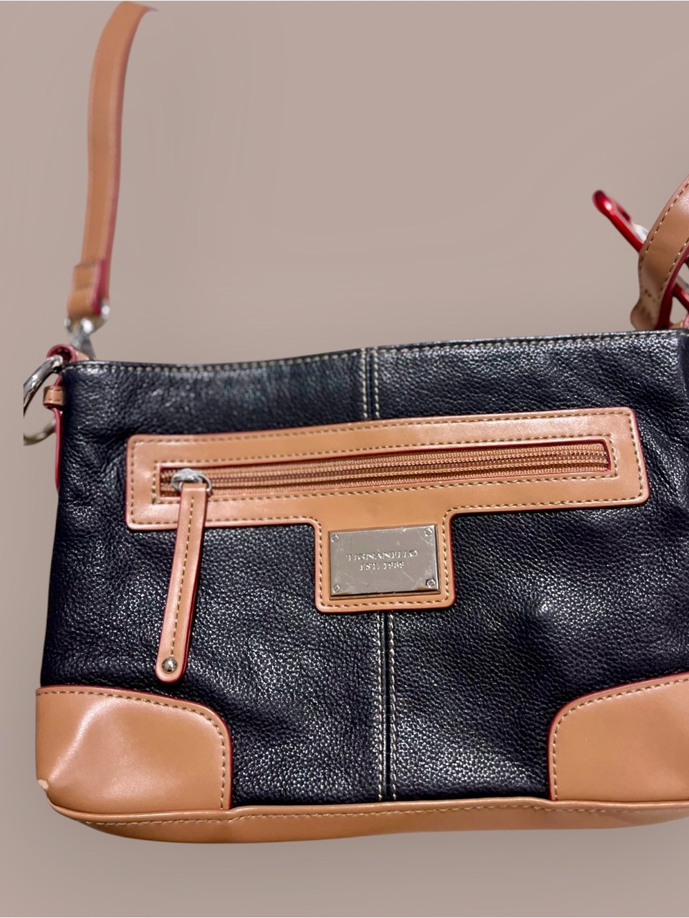 Tignanello Black Crossbody with Tan Trim